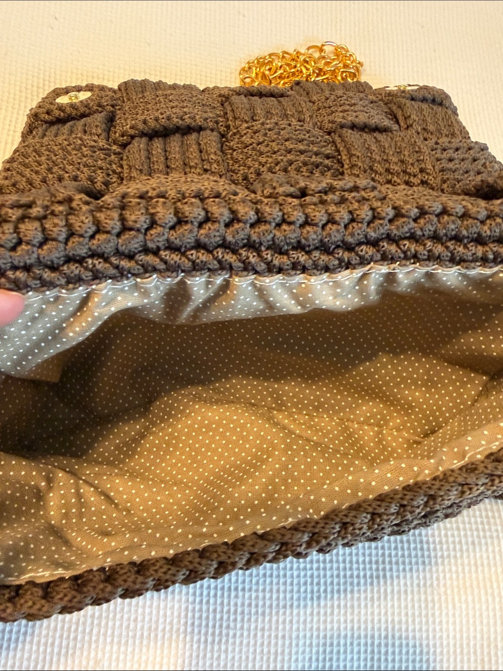 Handmade Woven Crochet Crossbody Bag - Brown and Golden Chain - Picture 7 of 15
